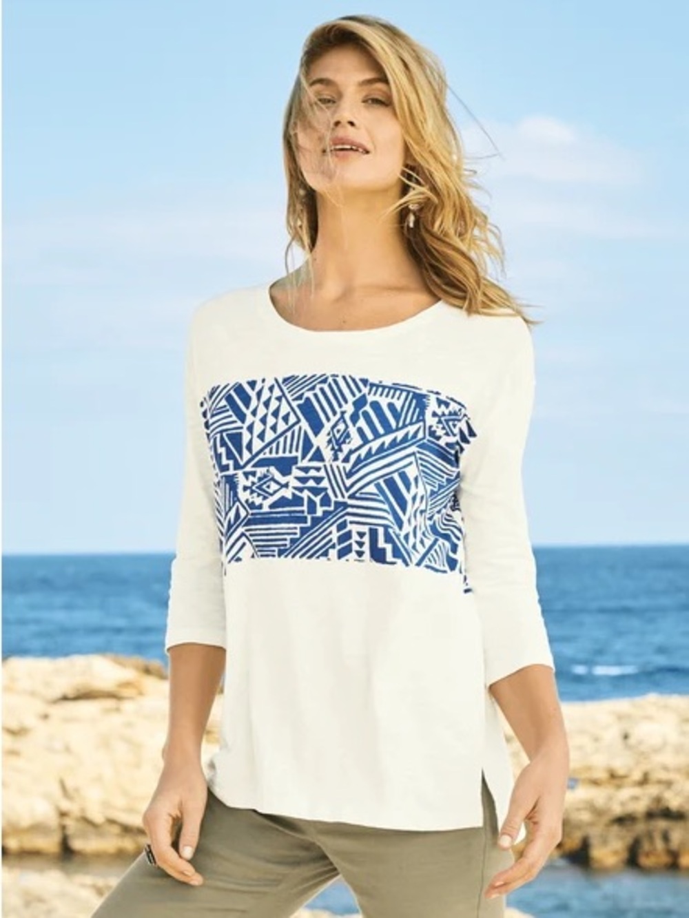 Peruvian Connection Cream Long-Sleeve Top with Blue Geometric Panel